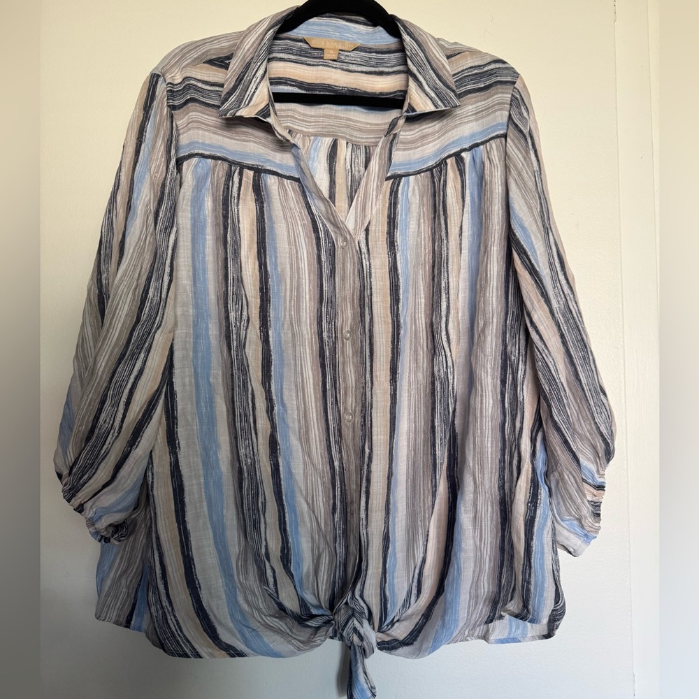 Hope & Harlow Women’s Tie Front Striped V-Neck Button Up Blouse Top Shirt 2X NEW